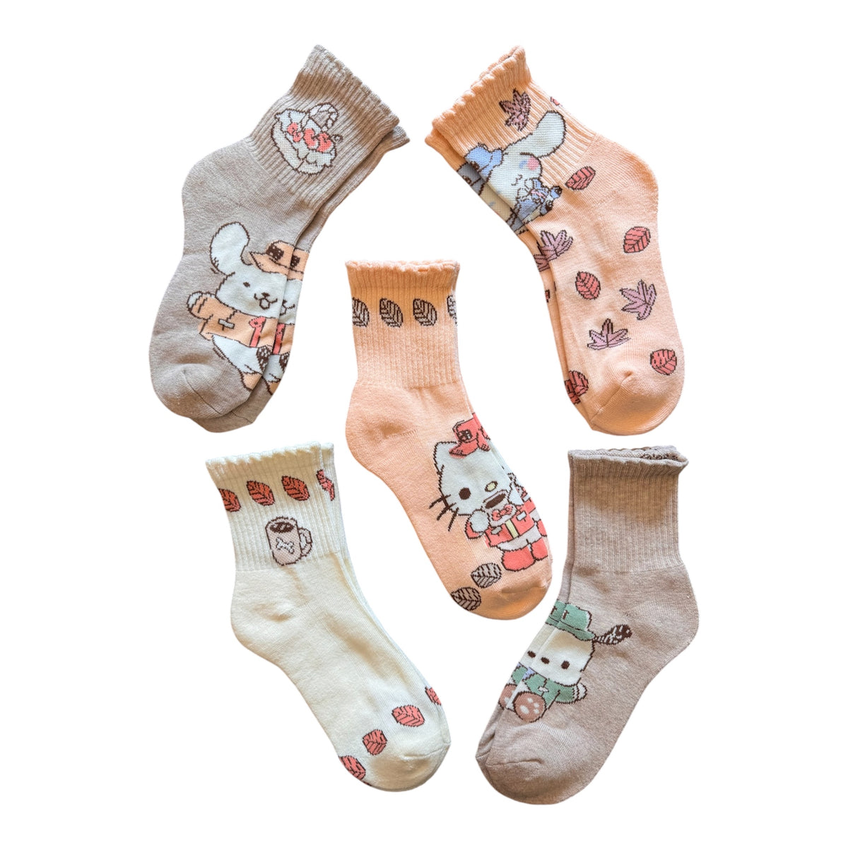SANRIO HELLO KITTY Ladies 5 Pair Of THANKSGIVING Thick Crew Socks Cinnamoroll, Leaves