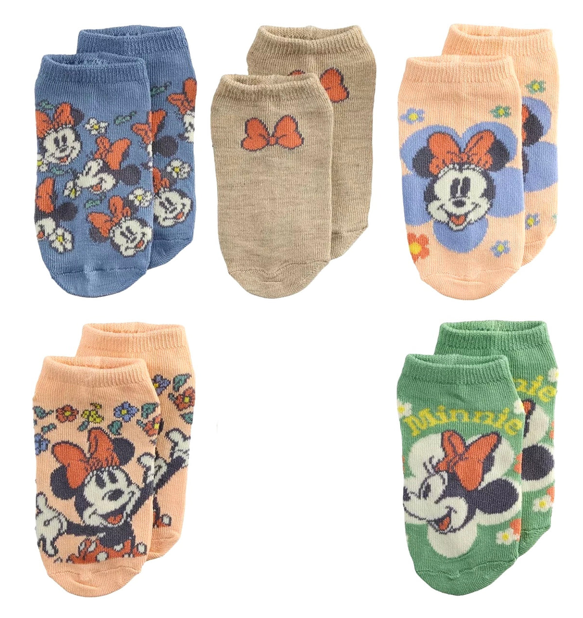 DISNEY Ladies MINNIE MOUSE 5 Pair Of No Show Socks With FLOWERS & BOWS - Novelty Socks And Slippers