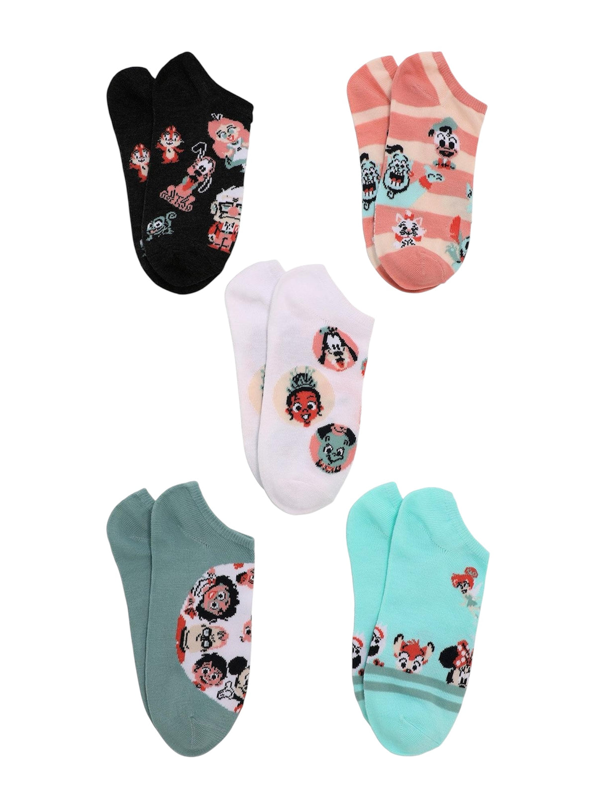 DISNEY 100 Ladies 5 Pair Of No Show Socks Mr. INCREDIBLE, CARL, BAYMAX, ELSA, ALICE IN WONDERLAND - Novelty Socks And Slippers