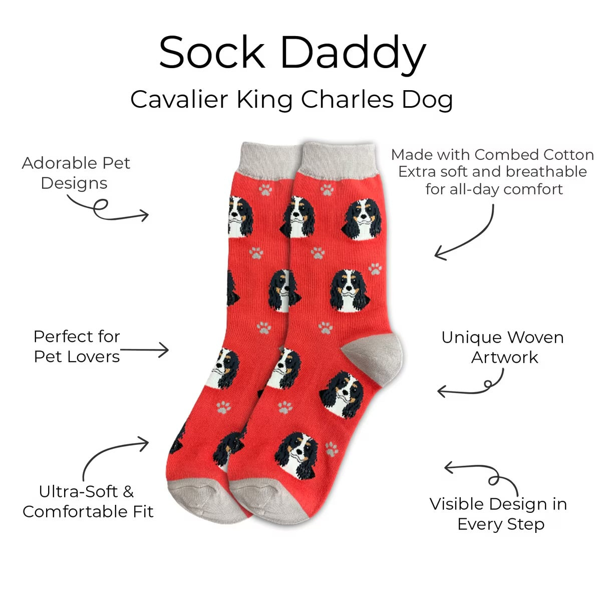 CAVALIER KING CHARLES Tri-Color Dog Adult Unisex Socks SOCK DADDY Brand By E&S Pets