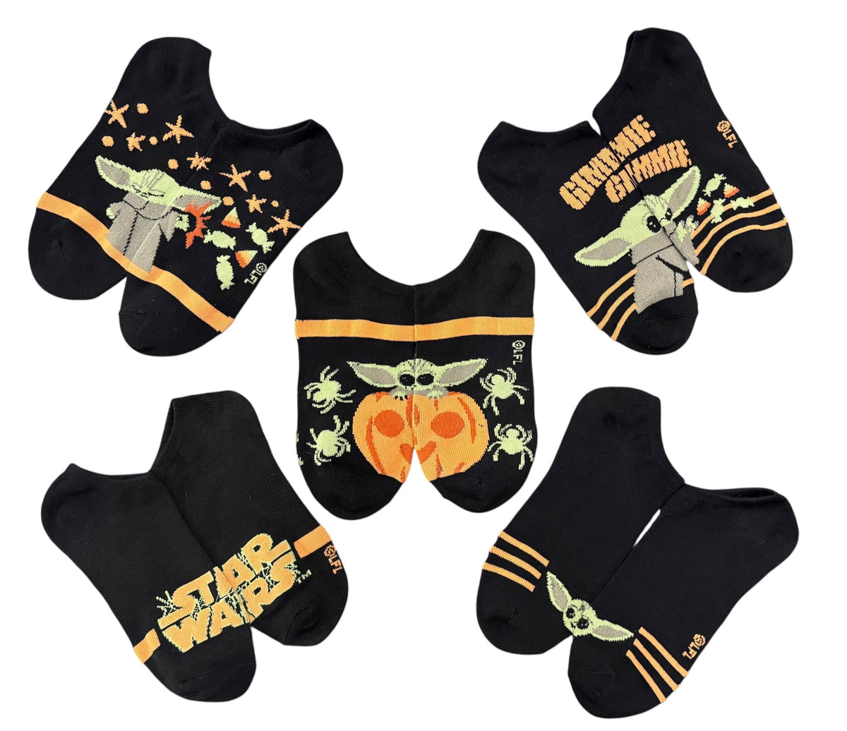 STAR WARS THE MANDALORIAN Ladies HALLOWEEN 5 Pair Of BABY YODA No Show Socks With PUMPKINS & SPIDERS - Novelty Socks And Slippers