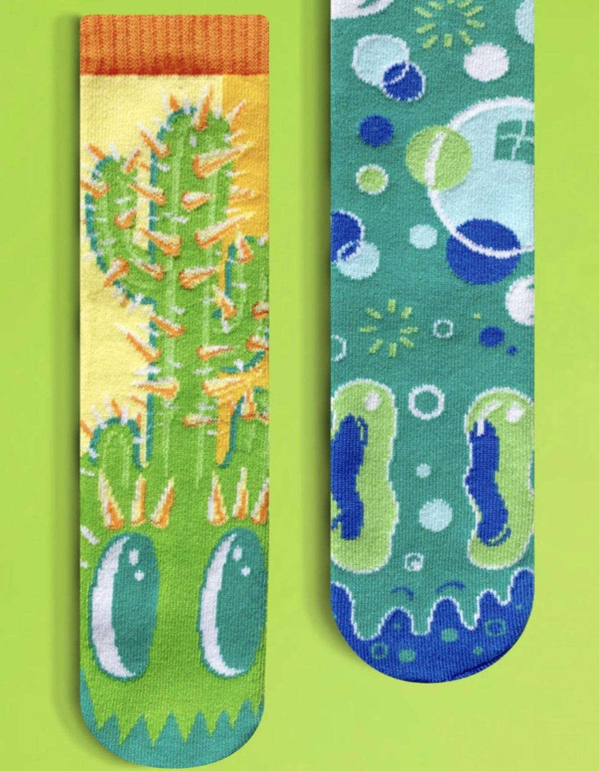 POKEY & POPPY Unisex CACTUS & BUBBLES Mismatched Gripper Bottom Socks PALS SOCKS Brand (CHOOSE SIZE) - Novelty Socks And Slippers