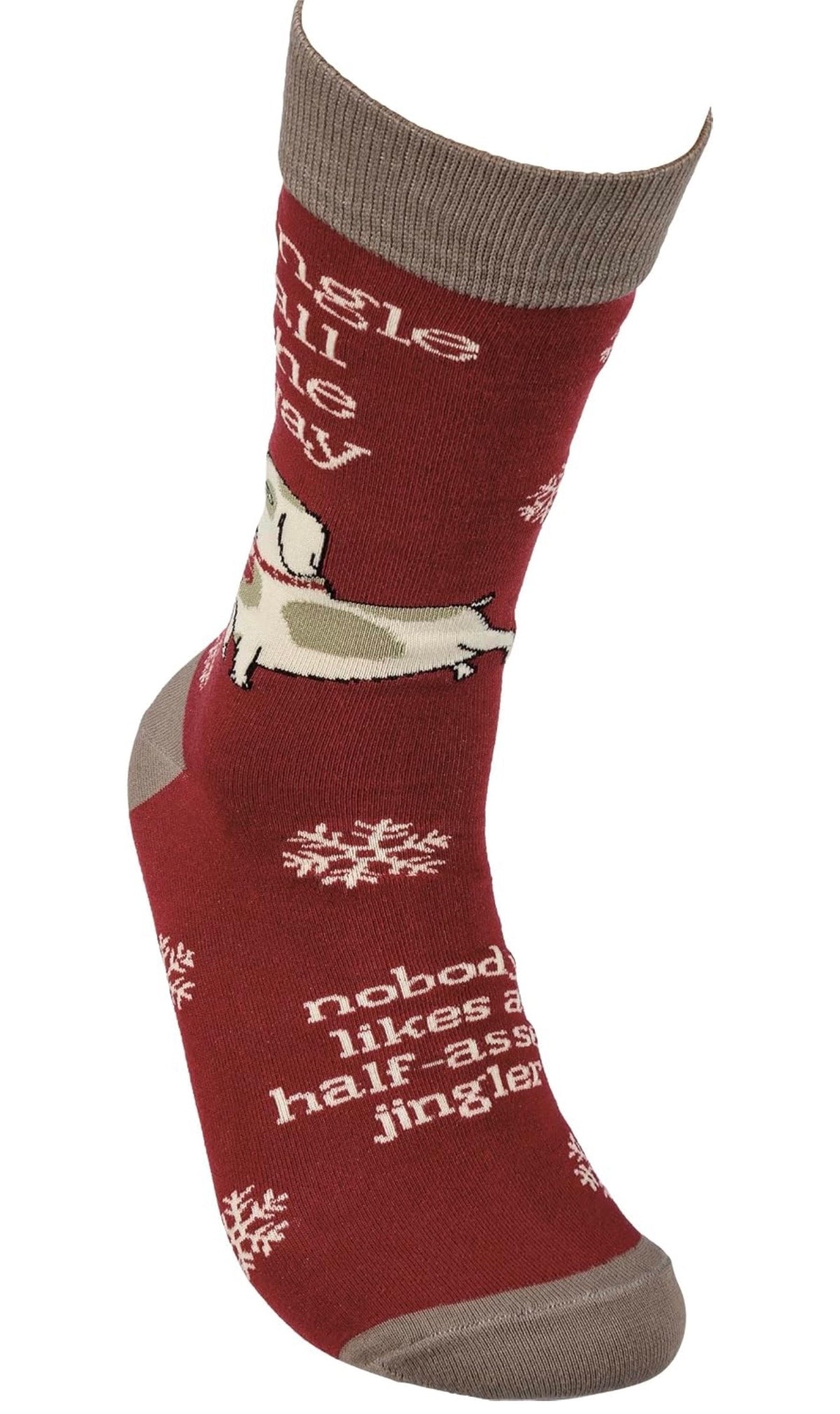 JINGLE ALL THE WAY NOBODY LIKES A HALF-ASS JINGLER Adult Unisex Christmas Socks Primitives By Kathy Brand