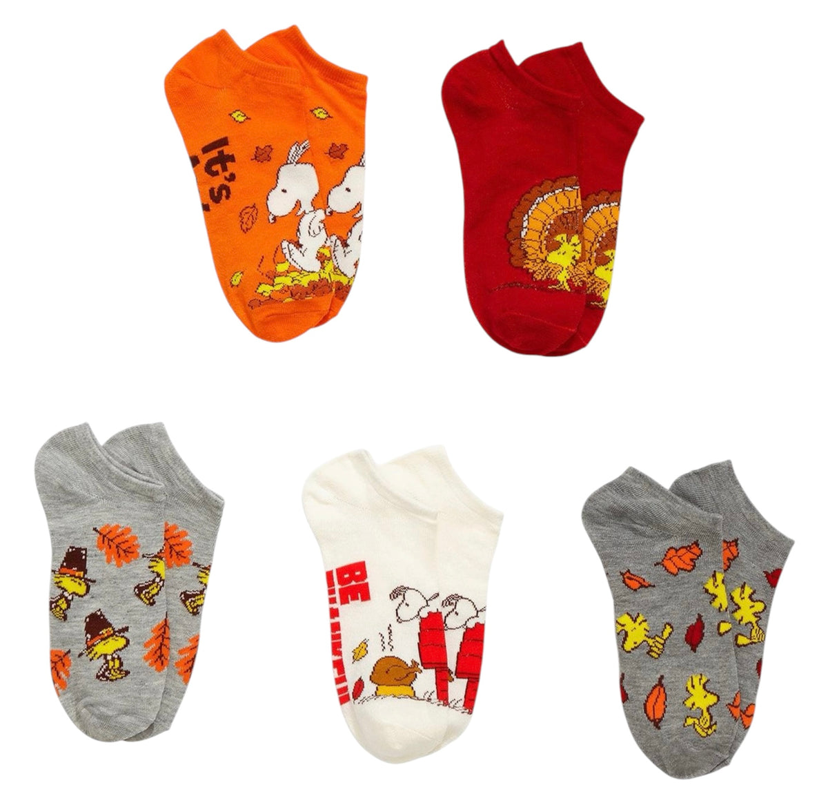 PEANUTS Ladies THANKSGIVING 5 Pair Of No Show Socks ‘BE THANKFUL’ (Choose Style)