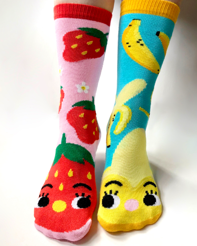 STRAWBERRY & BANANA Unisex Toddler Mismatched Gripper Bottom Socks PALS SOCKS Brand - Novelty Socks And Slippers