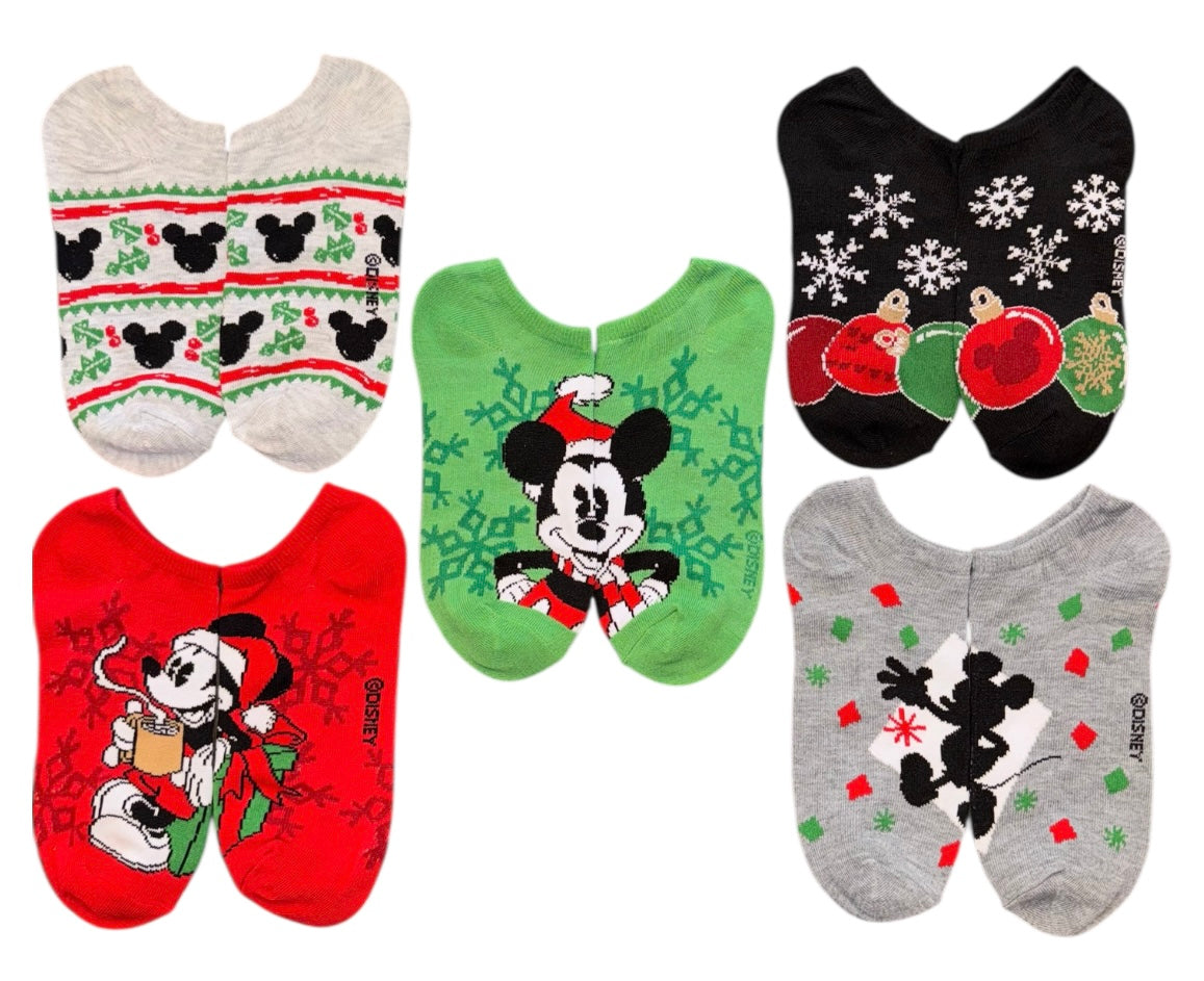 DISNEY Ladies CHRISTMAS MICKEY MOUSE 5 Pair Of No Show Socks - Novelty Socks And Slippers