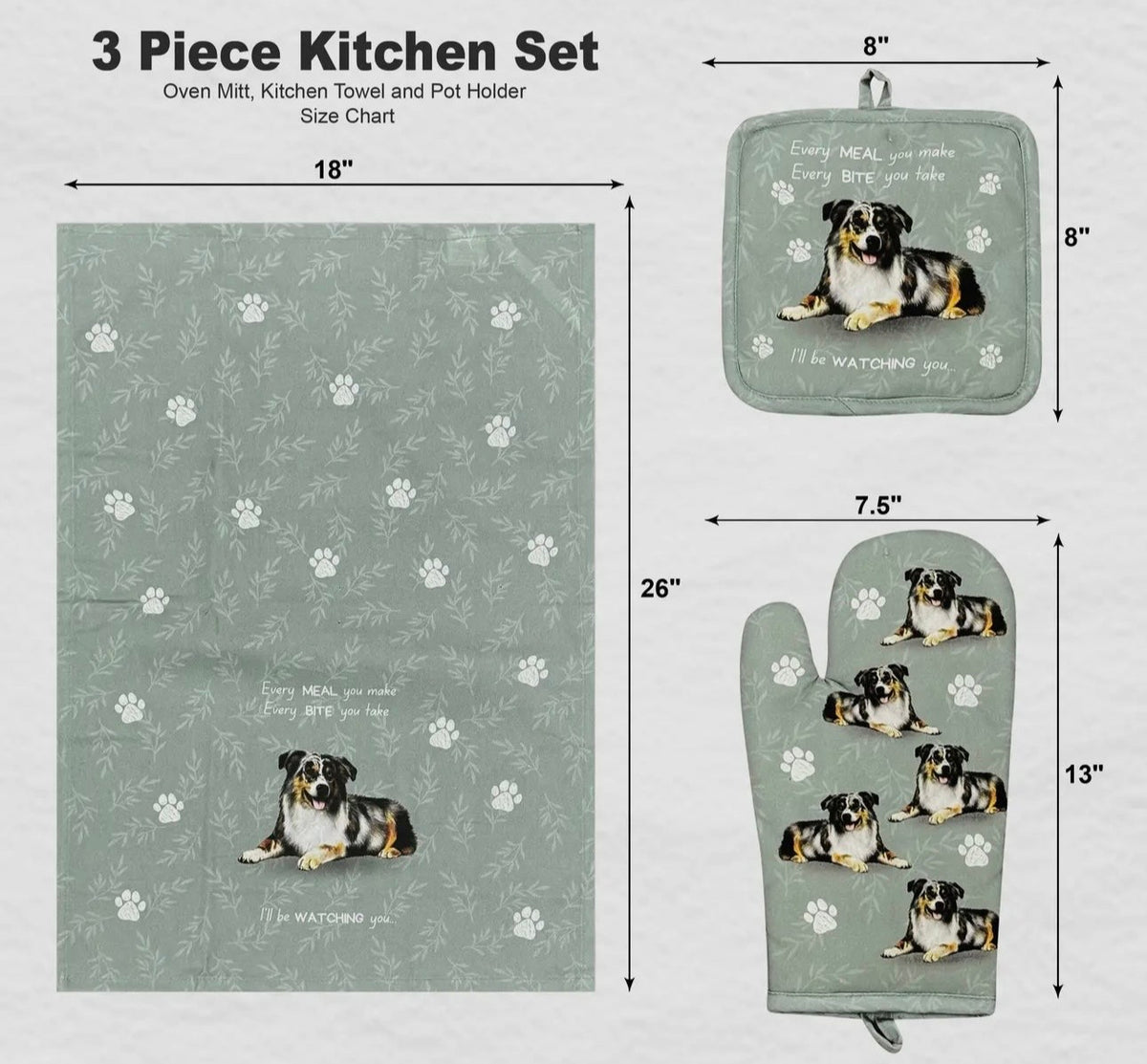 DOG & CAT 3 Piece Oven Mitt & Tea Towel Set By E&S Pets (CHOOSE BREED) - Novelty Socks And Slippers