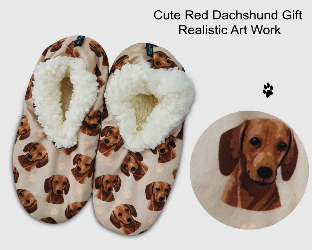 COMFIES BRAND Ladies DACHSHUND Dog (RED) Non-Skid Slippers - Novelty Socks And Slippers