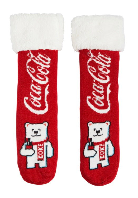 COCA-COLA LADIES SHERPA LINED GRIPPER BOTTOM SLIPPER SOCKS WITH POLAR BEAR