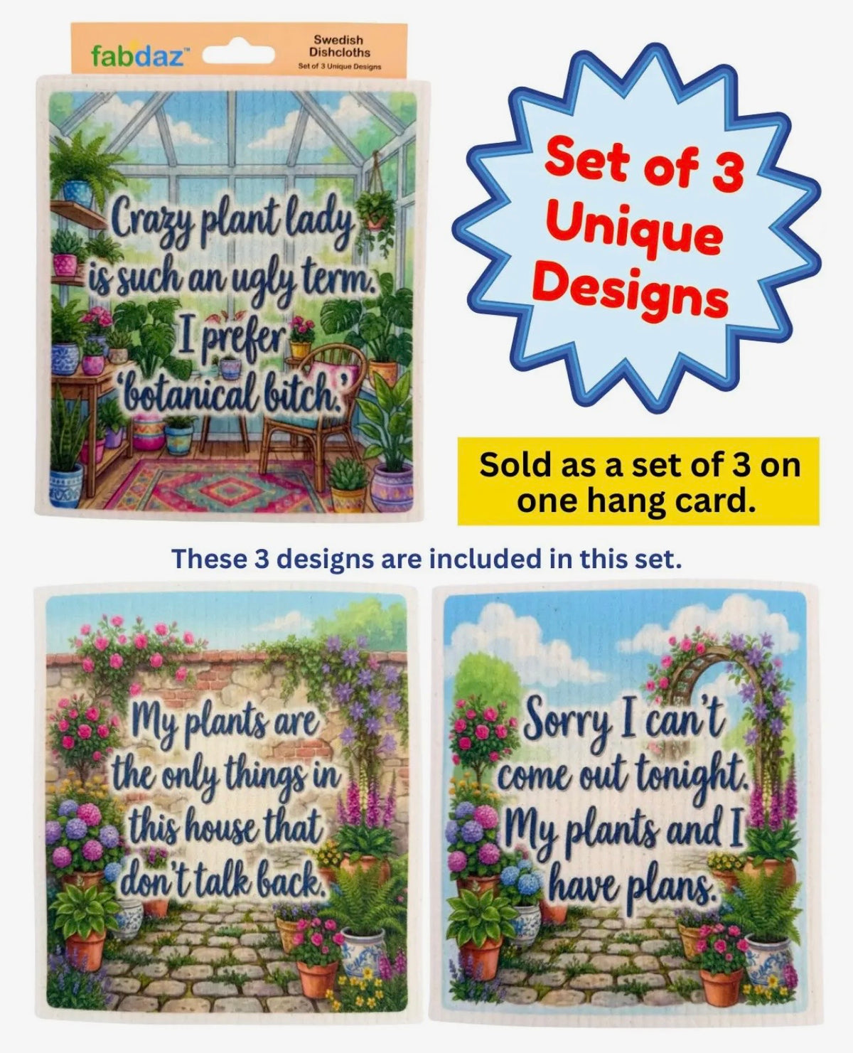 PLANT LOVER Set Of 3 Swedish Dishcloths ‘CRAZY PLANT LADY IS AN UGLY TERM, I PREFER BOTANICAL BITCH’