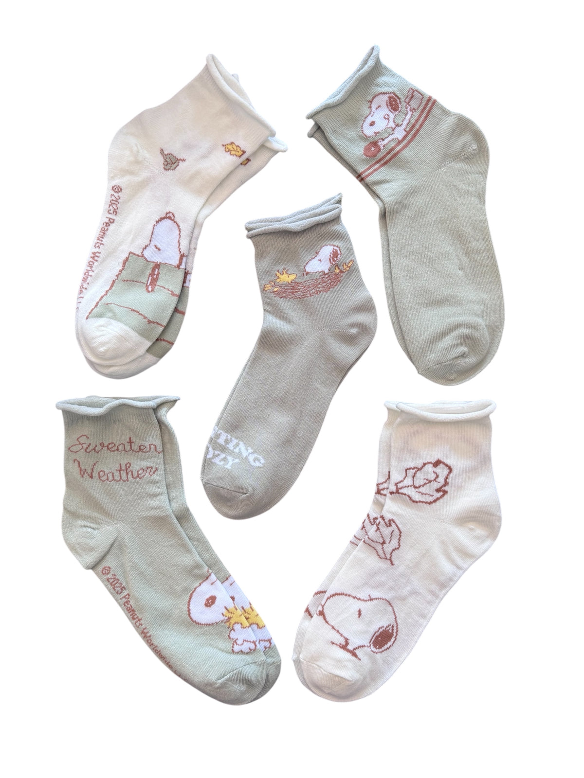 PEANUTS Ladies Fall 5 Pair Of Socks Snoopy & Woodstock ‘SWEATER WEATHER’ - Novelty Socks And Slippers
