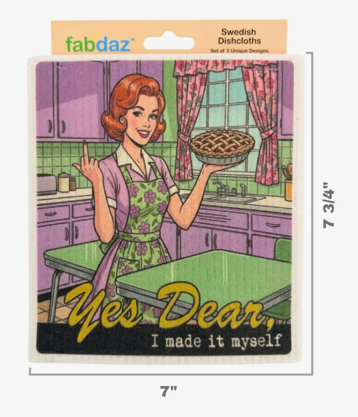 CRAZY RETRO WIFE Set Of 3 Sassy Swedish Dishcloths ‘Yes Dear, I Made It Myself’ With Middle Finger