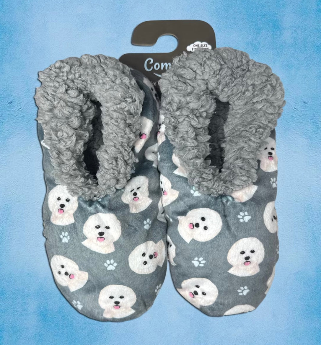BICHON FRISE Dog Ladies Non-Skid Slippers Comfies Brand By E&S Pets - Novelty Socks And Slippers