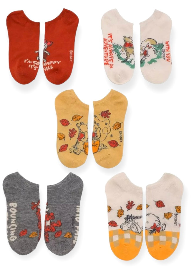 DISNEY WINNIE THE POOH Ladies AUTUMN 5 Pair Of No Show Socks ‘IT’S ALWAYS AN ADVENTURE WITH YOU’ - Novelty Socks And Slippers