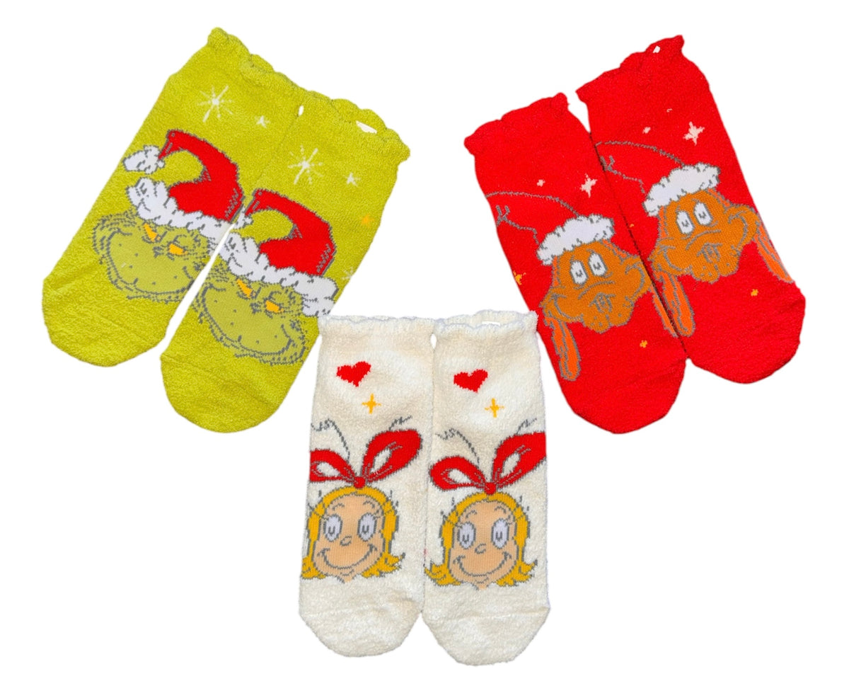 Dr. Seuss How The Grinch Stole Christmas Ladies 3 Pair Of Fuzzy Ankle Socks Cindy Lou Who, Max The Dog