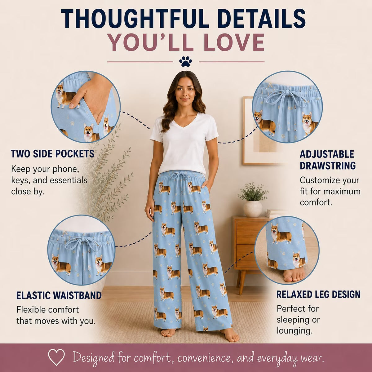WELSH CORGI Dog Adult Unisex PAJAMA BOTTOMS COMFIES Brand By E&S PETS (CHOOSE SIZE)