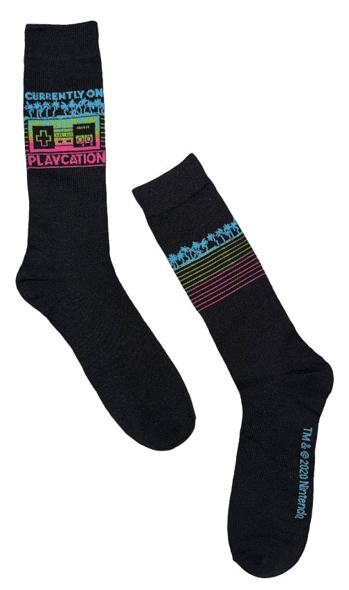 NINTENDO Men’s NES VIDEO CONTROLLER Socks ‘CURRENTLY ON PLAYCATION’ With PALM TREES - Novelty Socks And Slippers