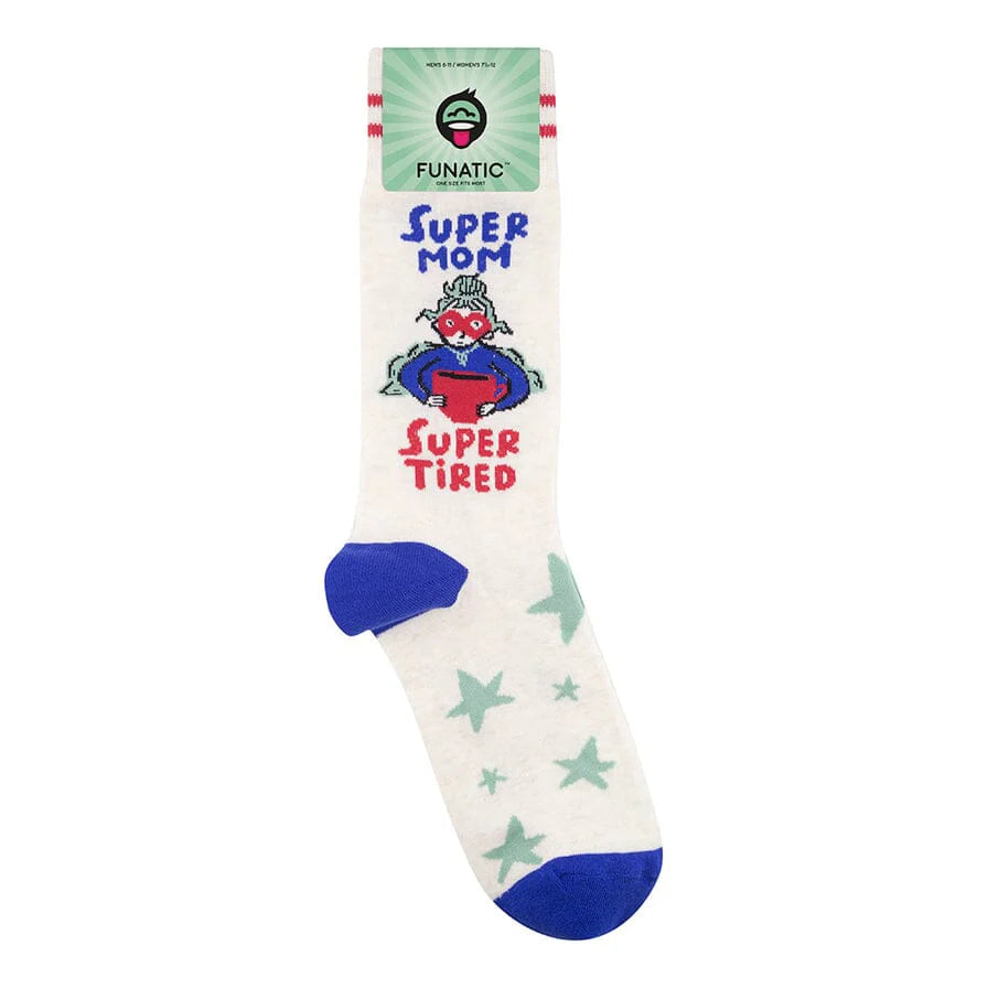 SUPER MOM SUPER TIRED Adult Unisex Socks FUNATIC Brand - Novelty Socks And Slippers