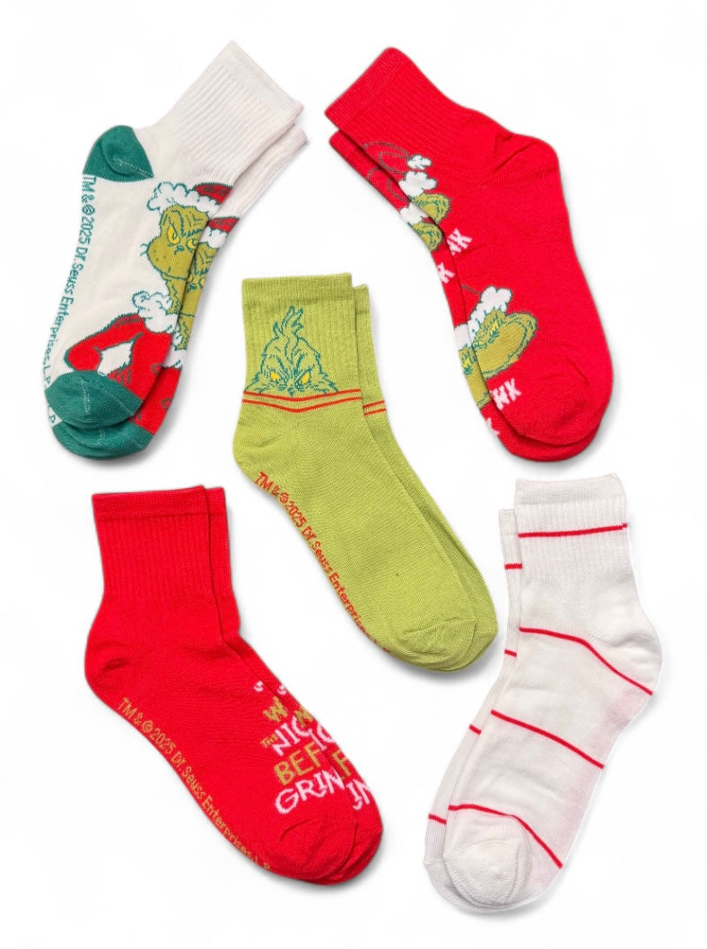 Dr. Seuss How The Grinch Stole Christmas Ladies 5 Pair Of Socks 'TWAS' THE NIGHT BEFORE GRINCHMAS' - Novelty Socks And Slippers
