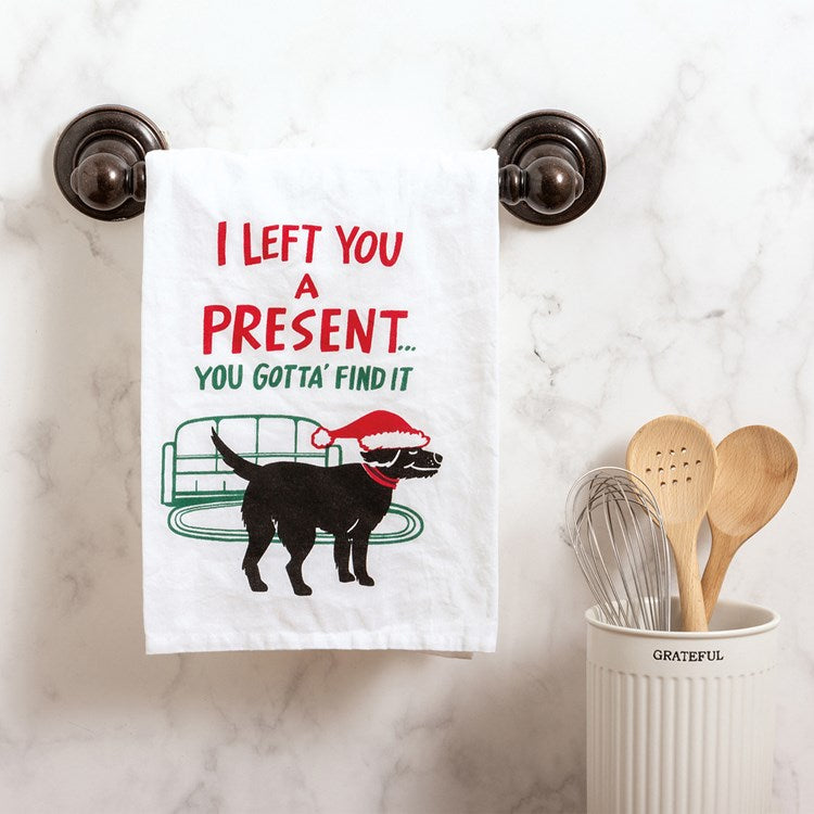 Primitives By Kathy DOG CHRISTMAS Kitchen Tea Towel I LEFT YOU A PRESENT…. - Novelty Socks And Slippers