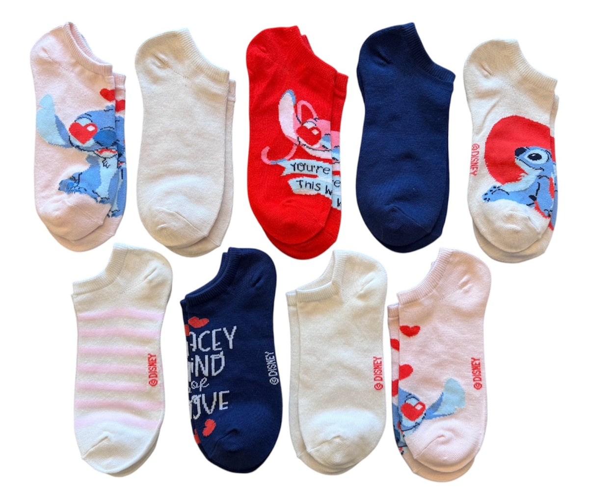 DISNEY STITCH VALENTINES DAY Ladies 9 Pair Of Low Show Socks STITCH & ANGEL ‘YOU'RE OUTTA THIS WORLD' - Novelty Socks And Slippers