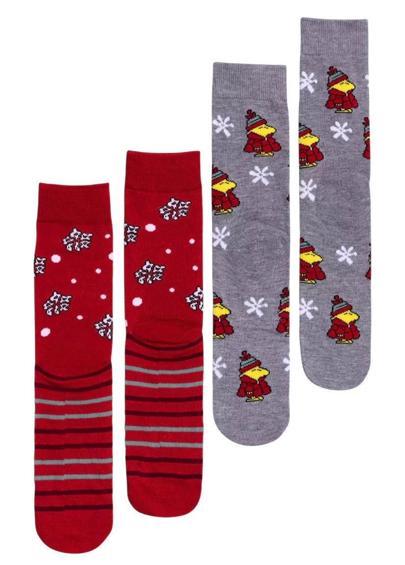 PEANUTS Men’s 2 Pair Of CHRISTMAS Socks SNOOPY & WOODSTOCK With Snowflakes - Novelty Socks And Slippers