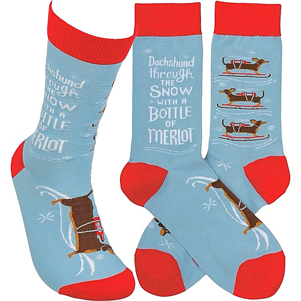 PRIMITIVES BY KATHY Unisex CHRISTMAS Socks ‘DACHSHUND THROUGH THE SNOW WITH A BOTTLE OF MERLOT’ - Novelty Socks for Less