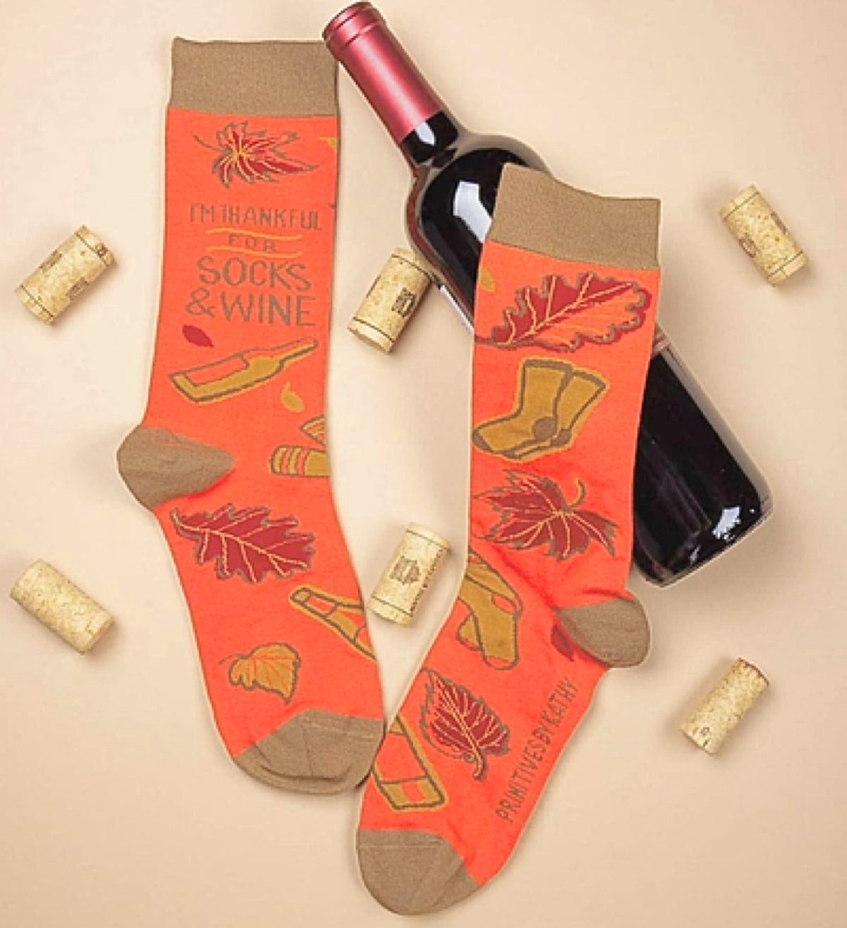PRIMITIVES BY KATHY Unisex THANKSGIVING SOCKS ‘I’M THANKFUL FOR SOCKS & WINE’ - Novelty Socks for Less