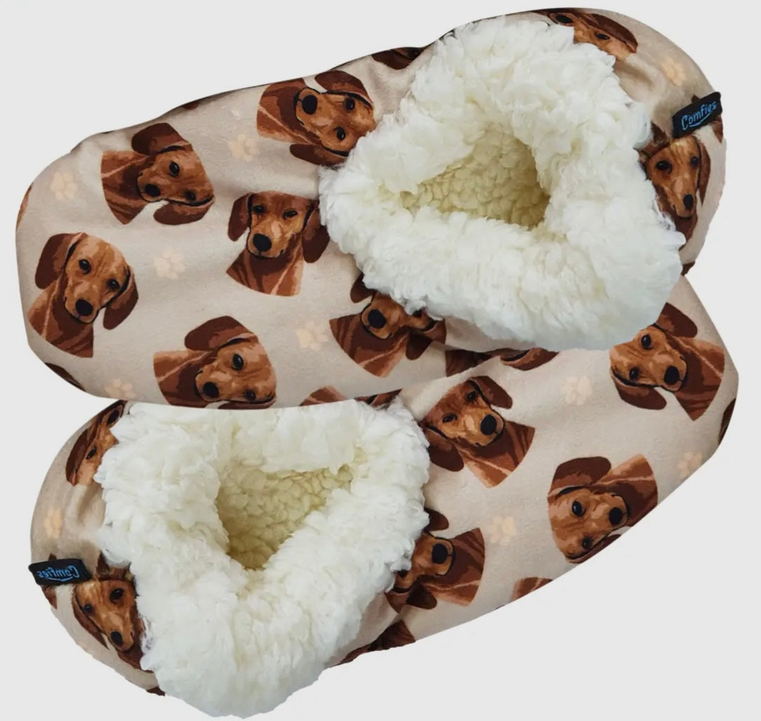 COMFIES BRAND Ladies DACHSHUND Dog (RED) Non-Skid Slippers - Novelty Socks And Slippers