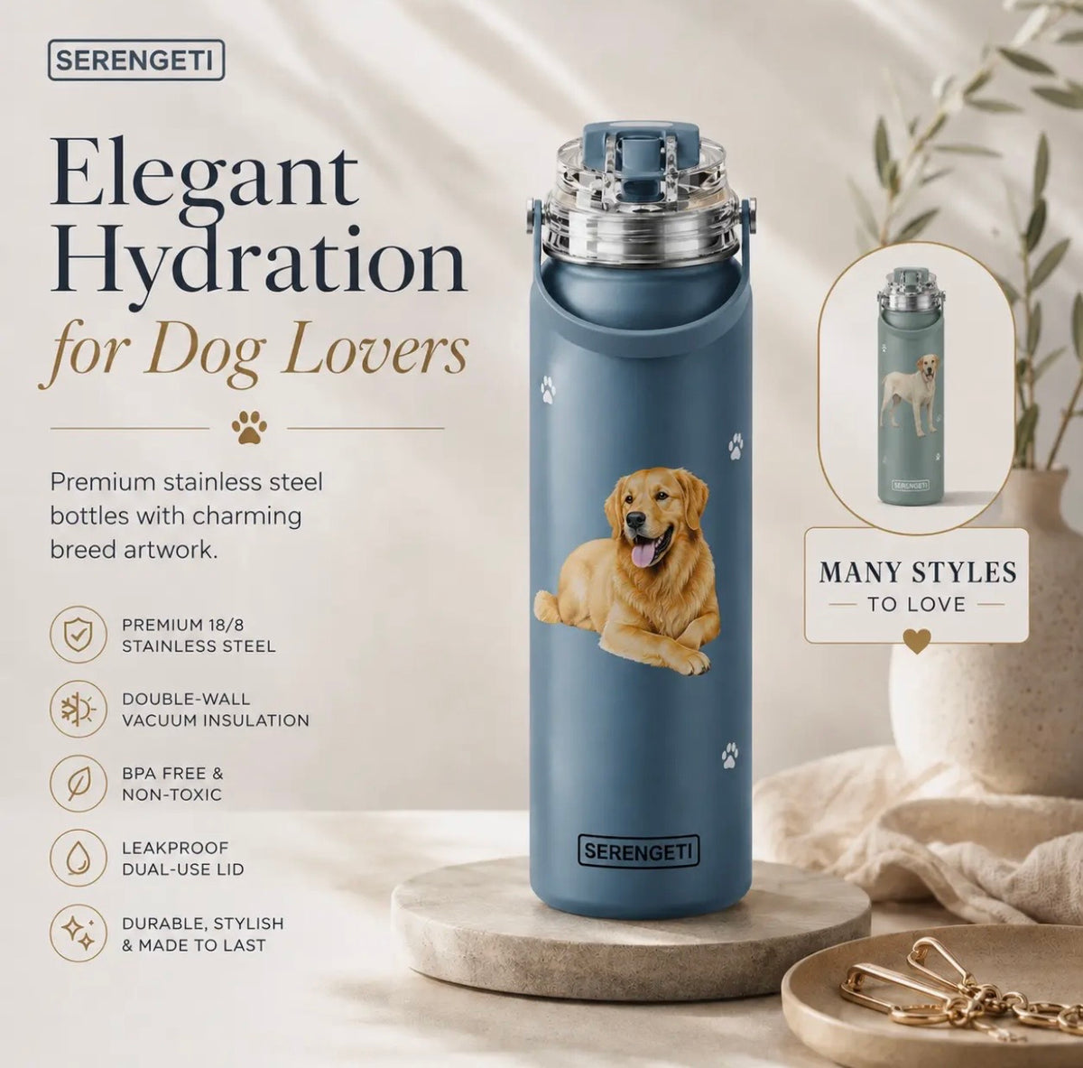 Dog & Cat Stainless Steel 24 Oz. Water Bottle By E&S Pets (Choose Breed)