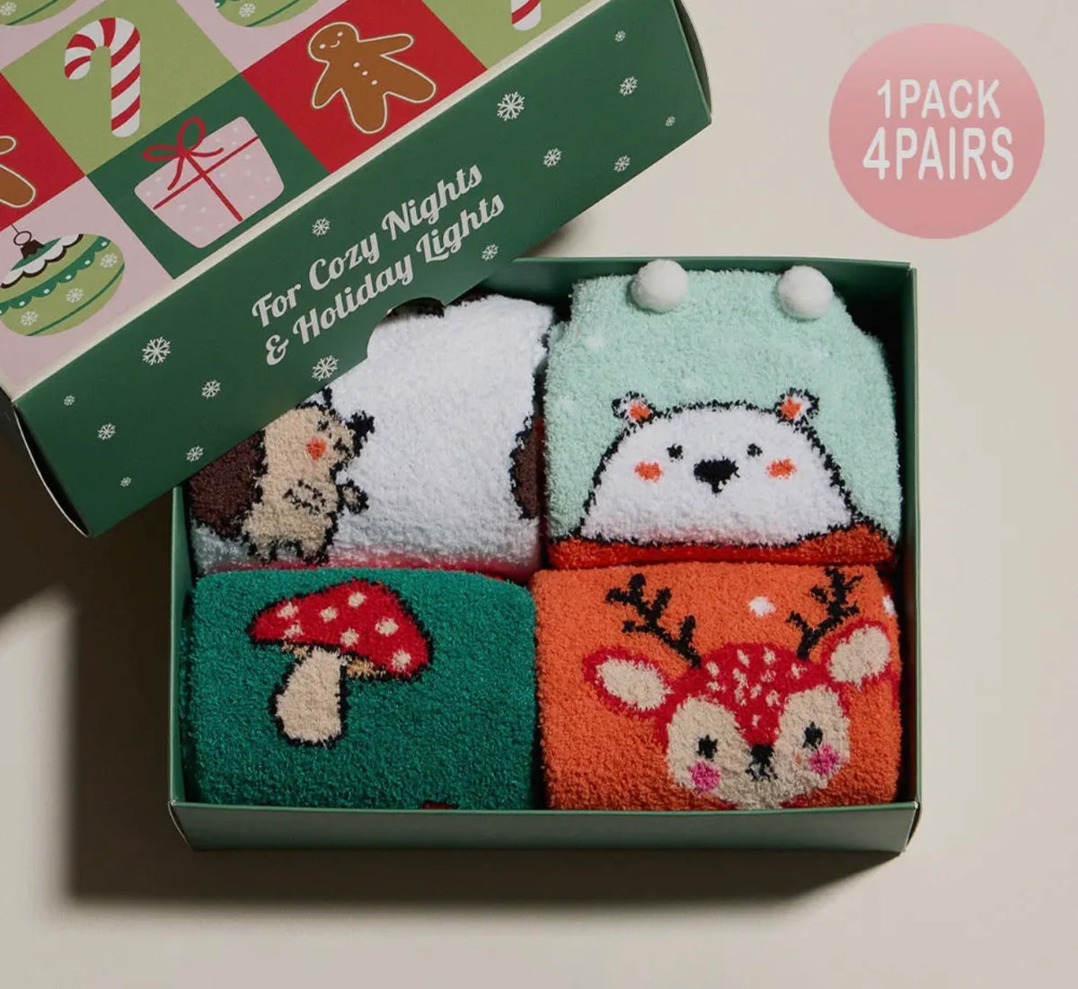 CUTE HEDGEHOG Ladies 4 Pair Of Christmas Fuzzy Socks Gift Set - Novelty Socks And Slippers