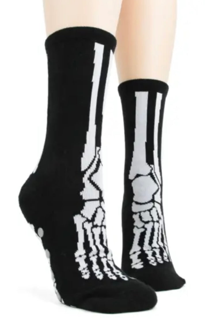 FOOT TRAFFIC Brand Ladies SKELETON BONES Non-Skid Slipper Socks - Novelty Socks And Slippers