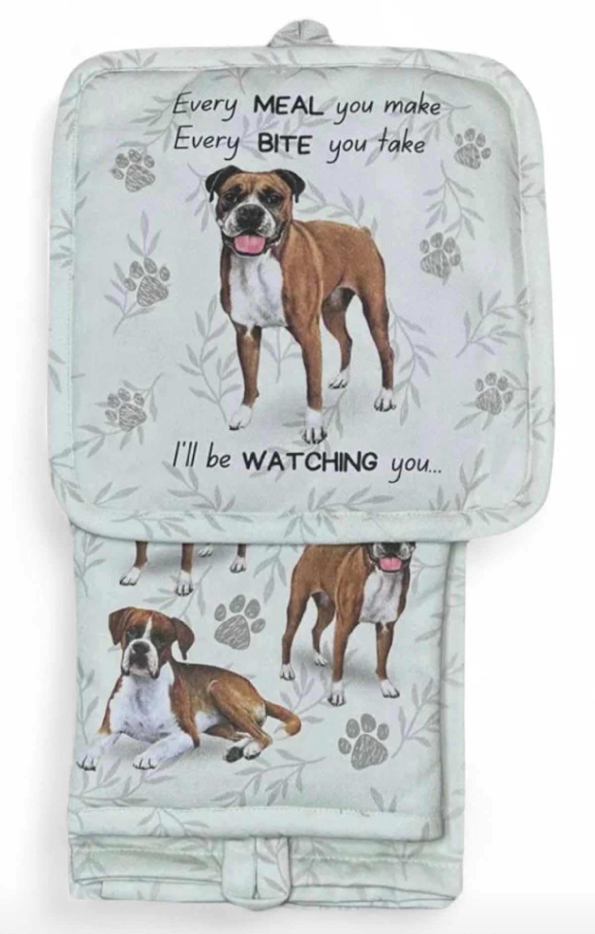 DOG & CAT 3 Piece Oven Mitt & Tea Towel Set By E&S Pets (CHOOSE BREED) - Novelty Socks And Slippers