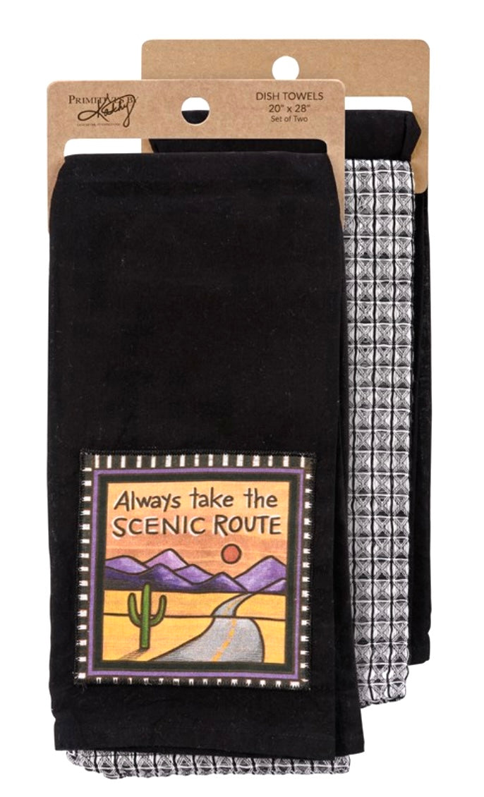 Primitives By Kathy ‘ALWAYS TAKE THE SCENIC ROUTE’ 2 Kitchen Tea Towels - Novelty Socks And Slippers
