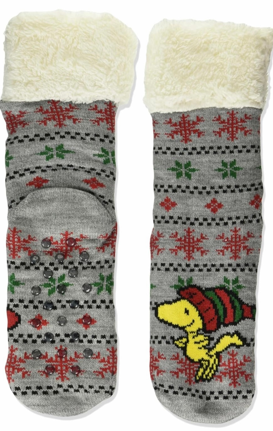 PEANUTS Ladies WOODSTOCK CHRISTMAS Sherpa Lined Gripper Bottom Slipper Socks - Novelty Socks And Slippers