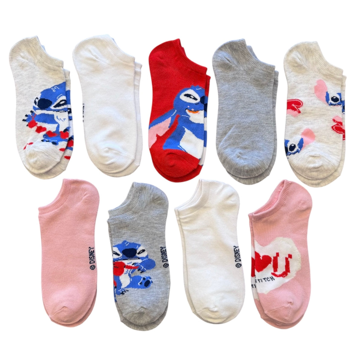 DISNEY STITCH VALENTINES DAY Ladies 9 Pair Of Low Show Socks ‘I LOVE YOU’ - Novelty Socks And Slippers
