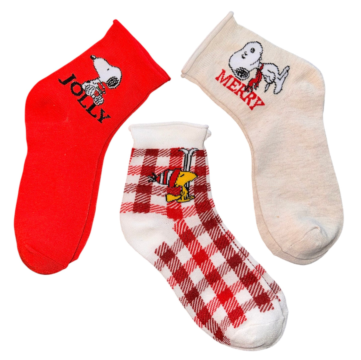 PEANUTS Ladies CHRISTMAS 3 Pair Of Socks SNOOPY & WOODSTOCK ‘MERRY’