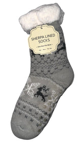 WINTER THEME Ladies Sherpa Lined Gripper Bottom Slipper Socks - Novelty Socks And Slippers