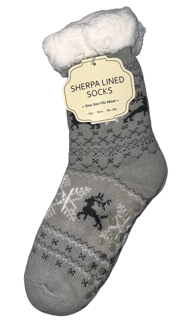 WINTER THEME Ladies Sherpa Lined Gripper Bottom Slipper Socks - Novelty Socks And Slippers