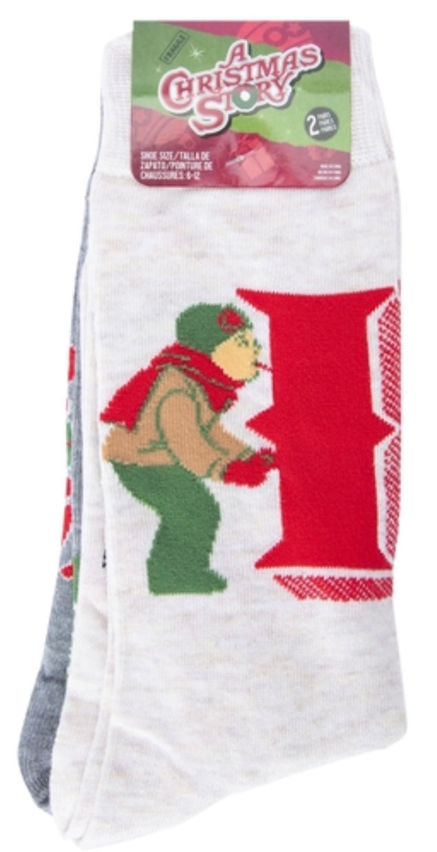 A CHRISTMAS STORY Men’s 2 Pair Of Socks FLICKS TONGUE STUCK TO POLE, ‘OH FUUDDGGEE’ - Novelty Socks And Slippers