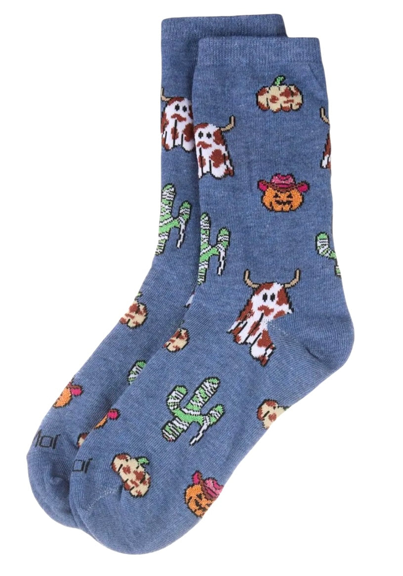 SPOOKY WESTERN HALLOWEEN Ladies Socks MeMoi Brand COW & CACTUS Pattern - Novelty Socks And Slippers
