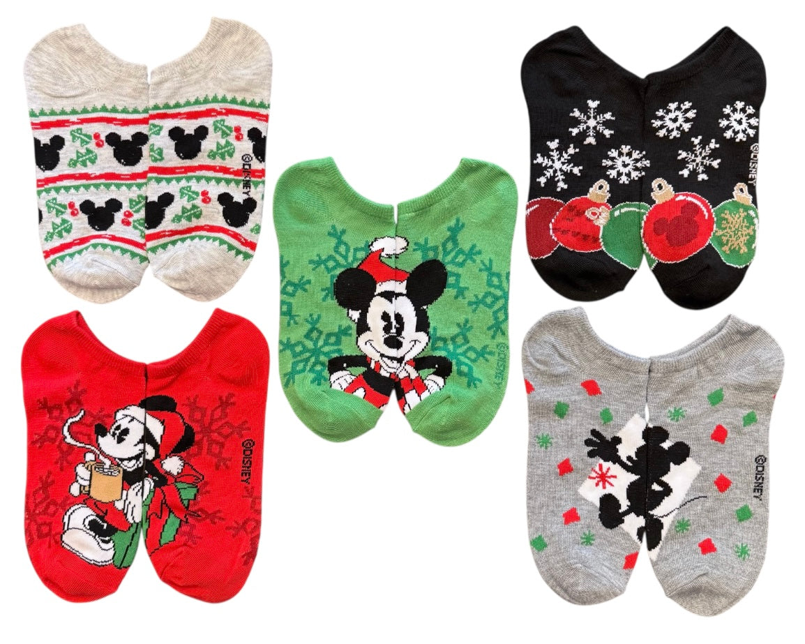 DISNEY Ladies CHRISTMAS MICKEY MOUSE 5 Pair Of No Show Socks - Novelty Socks And Slippers