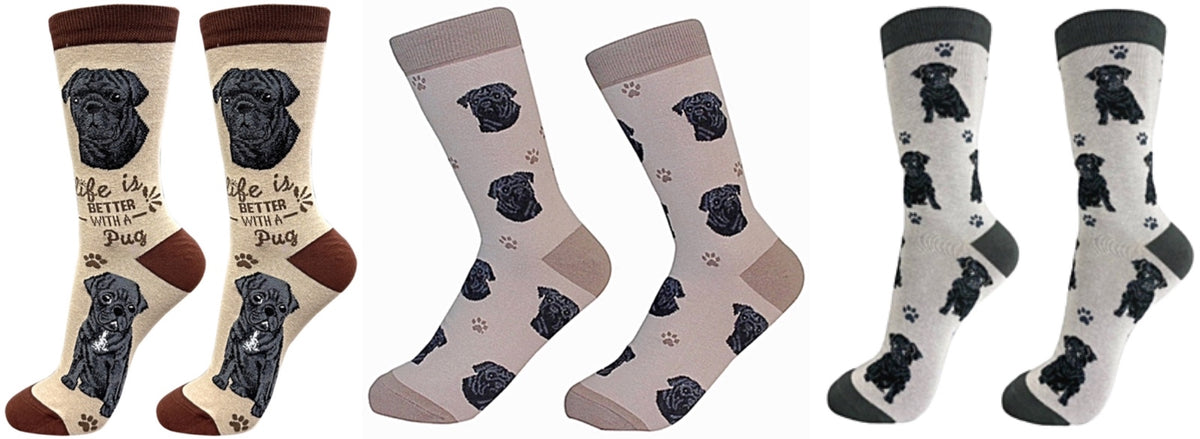 BLACK PUG Dog Unisex Socks By E&S Pets CHOOSE SOCK DADDY, HAPPY TAILS, LIFE IS BETTER - Novelty Socks for Less