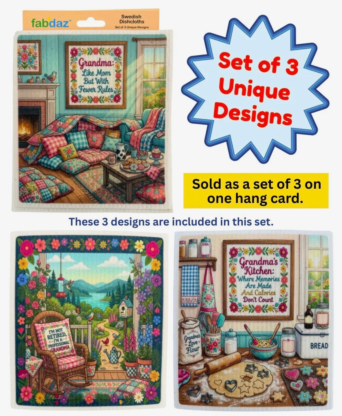 FUNNY GRANDMA SAYINGS Set Of 3 Swedish Dishcloths ‘Grandma’s Kitchen: Where Memories Are Made & Calories Don’t Count