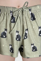 COMFIES LOUNGE PJ SHORTS Ladies BLACK & WHITE CAT By E&S PETS - Novelty Socks And Slippers