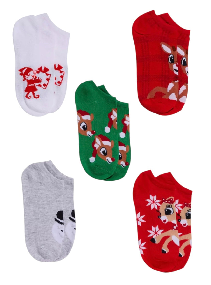 RUDOLPH THE RED NOSED REINDEER Ladies 5 Pair Of No Show Socks CLARICE & SAM THE SNOWMAN - Novelty Socks And Slippers