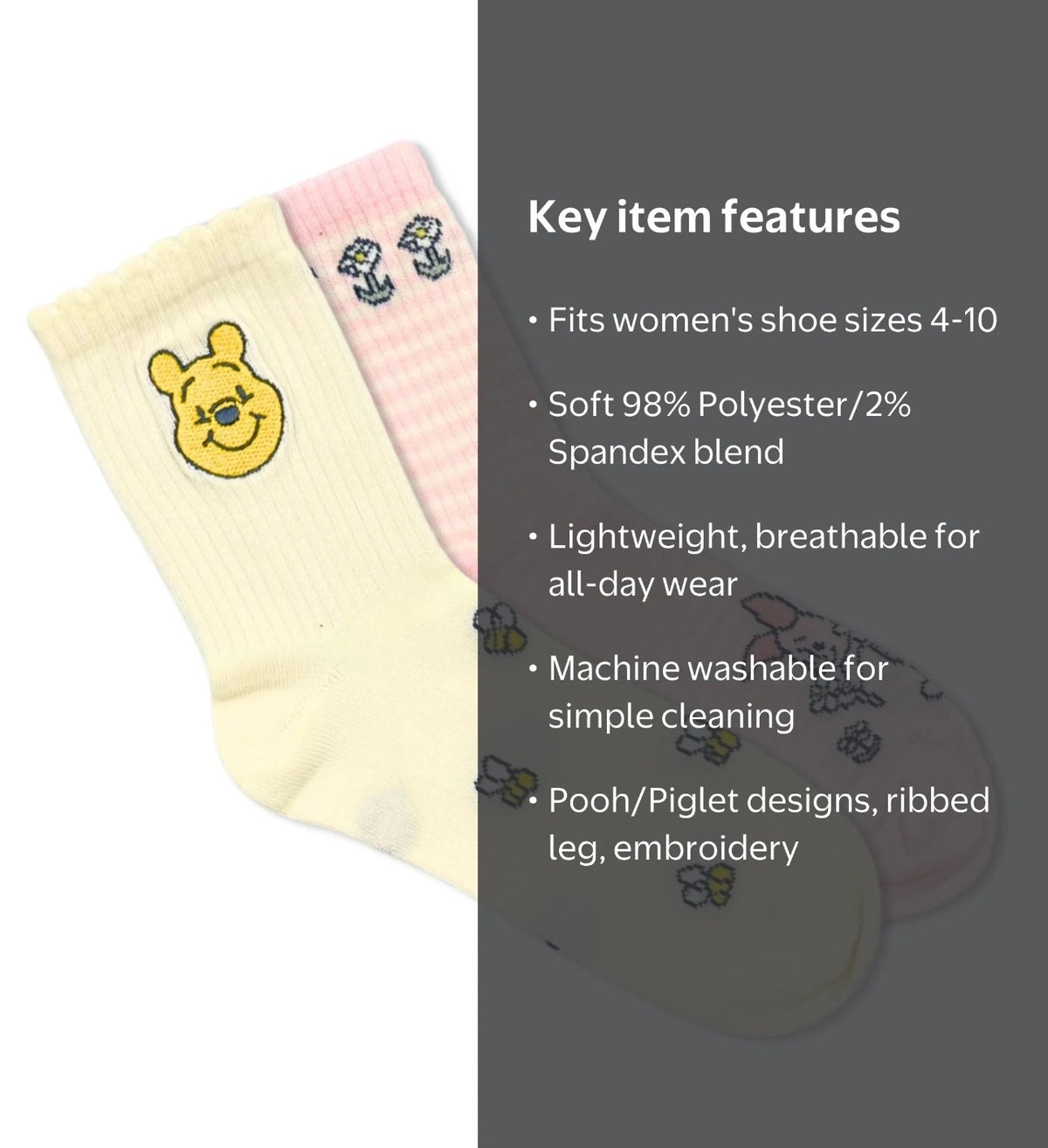 DISNEY Winnie The Pooh Ladies 2 Pair Of Socks With PIGLET & HONEY BEES
