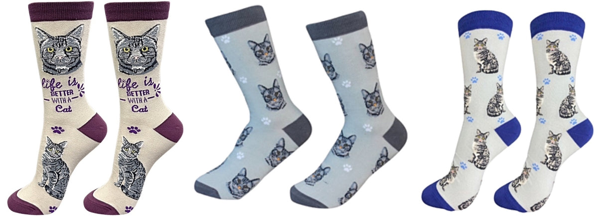 SILVER GRAY TABBY CAT Unisex Socks By E&S Pets CHOOSE SOCK DADDY, HAPPY TAILS, LIFE IS BETTER - Novelty Socks for Less