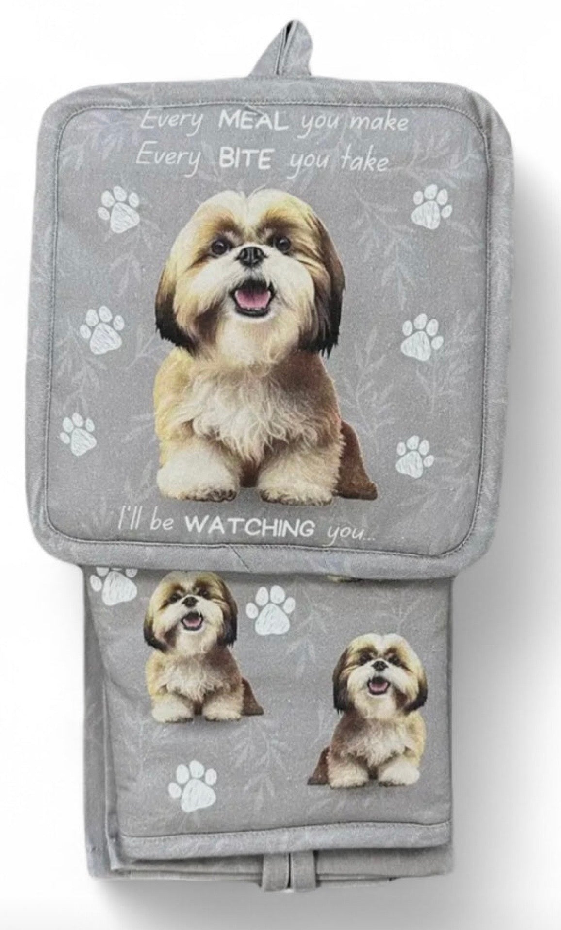 DOG & CAT 3 Piece Oven Mitt & Tea Towel Set By E&S Pets (CHOOSE BREED) - Novelty Socks And Slippers