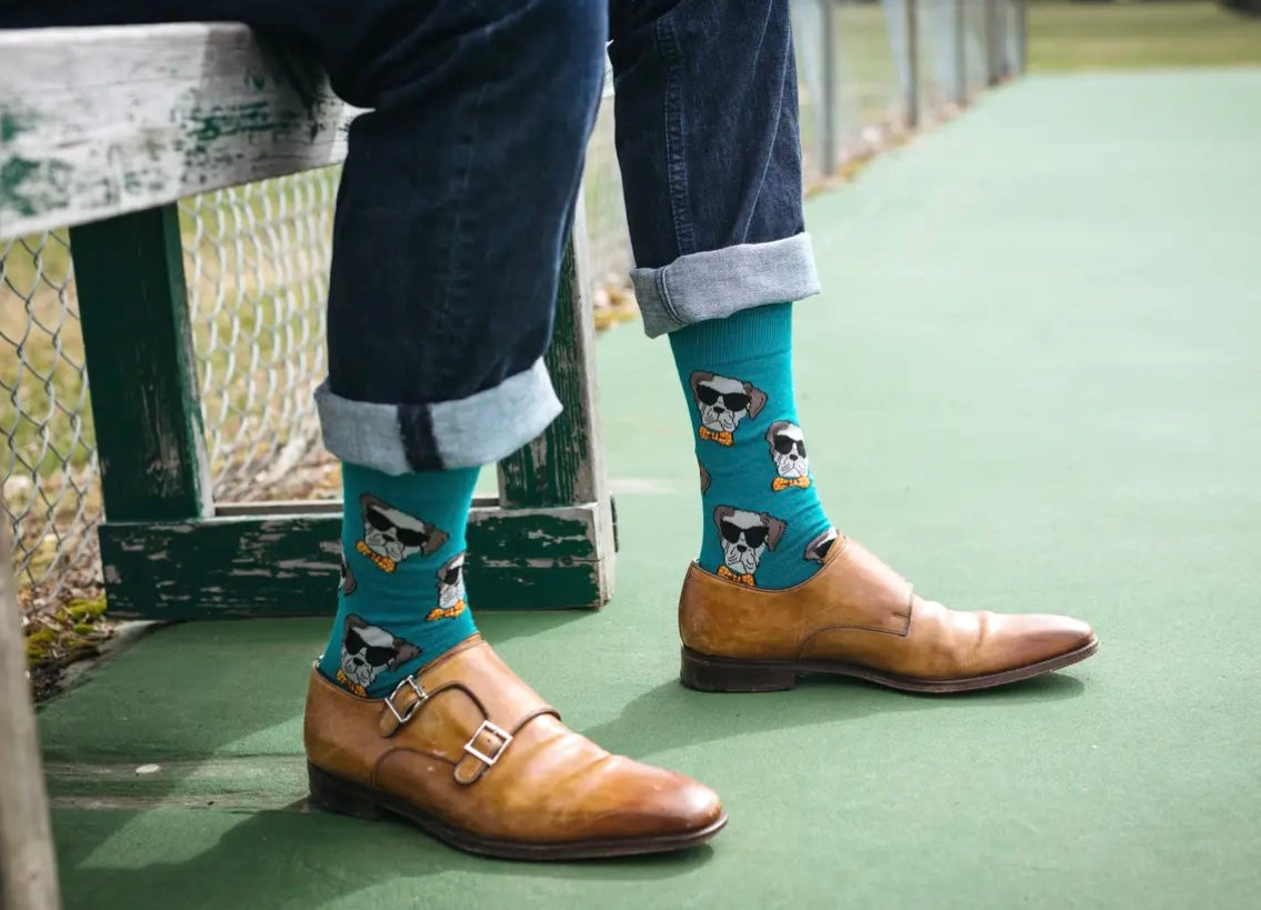 GOOD LUCK SOCK Brand Men’s DAPPER DOG Socks DOGS WEARING SUNGLASSES - Novelty Socks And Slippers